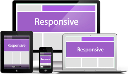 Responsive website development shown across mobile, laptop, desktop and tablet, all placed together.